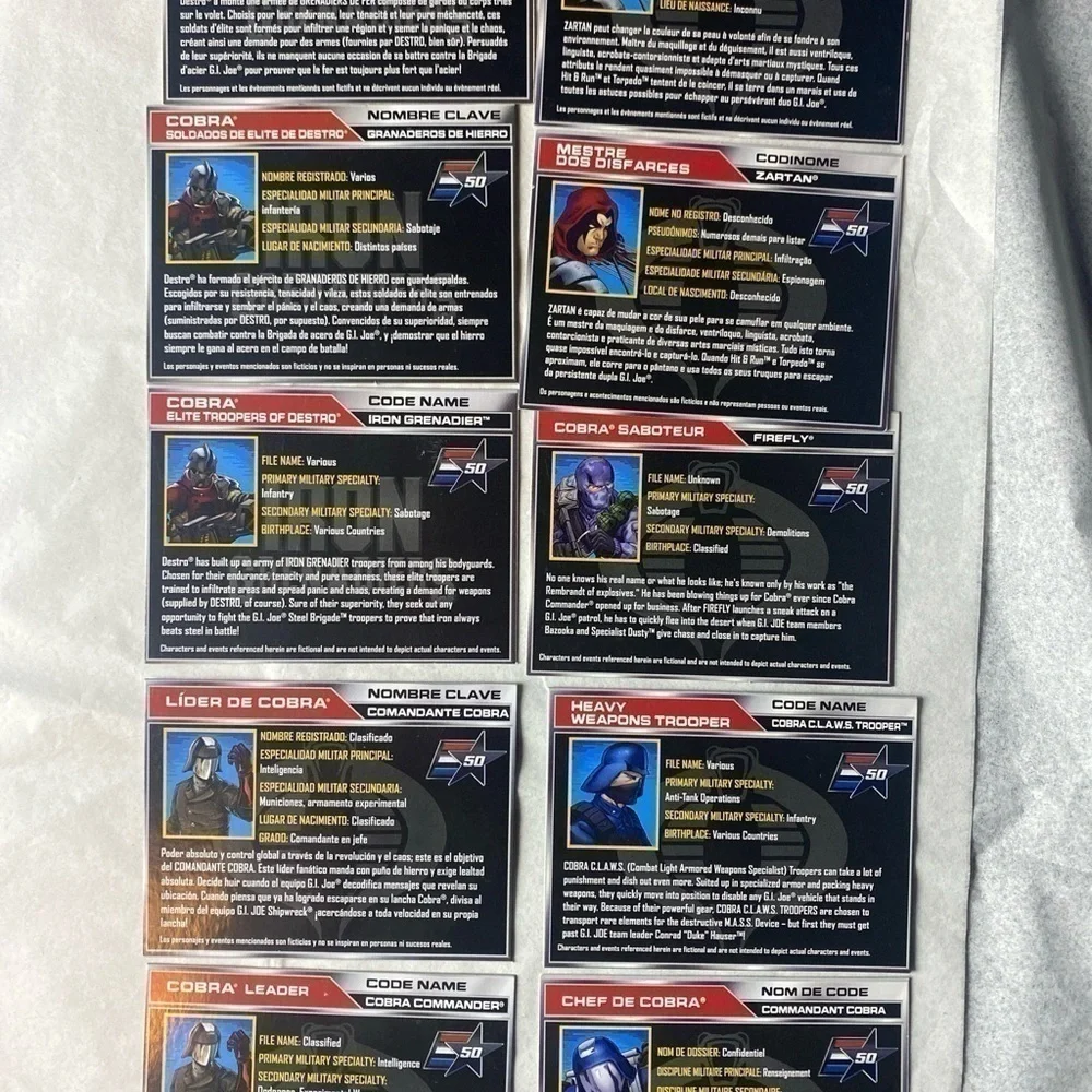GI JOE File cards French/ English/Spanish